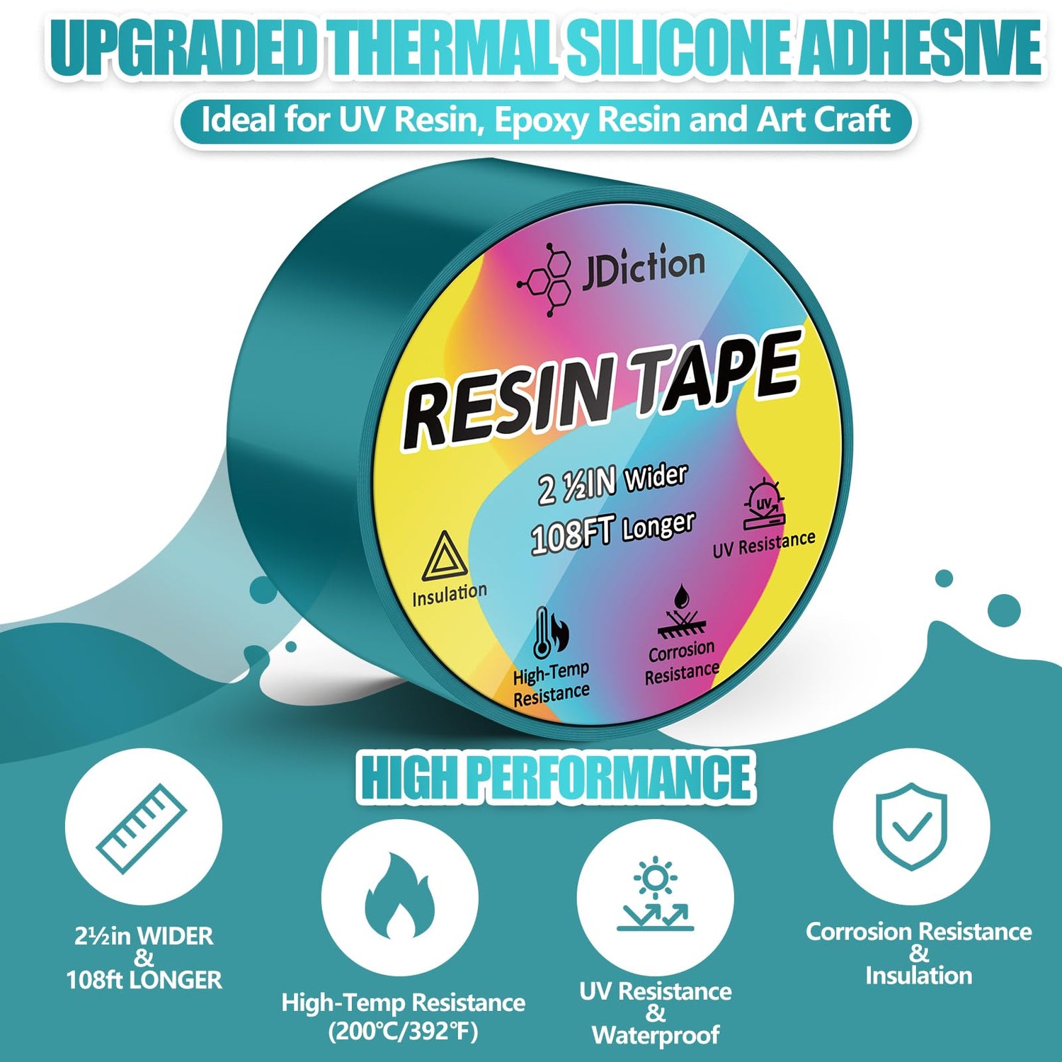 JDiction UV Resin Tape for Epoxy Resin Molding, 2.5IN W x 108FT L Resin Tape, 392℉ Heat Resistant Anti-Corrosion, Easy Peel, Epoxy Resin Tape for JDiction