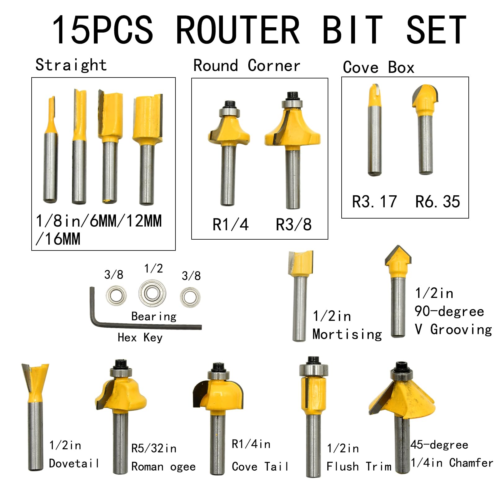 CHCYWJGJ Router Bits Set of 15 Pieces 1/4 Inch Woodwork Tools for Beginner Router Bit Kit for DIY,High Grade Yellow - WoodArtSupply