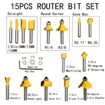 CHCYWJGJ Router Bits Set of 15 Pieces 1/4 Inch Woodwork Tools for Beginner Router Bit Kit for DIY,High Grade Yellow - WoodArtSupply