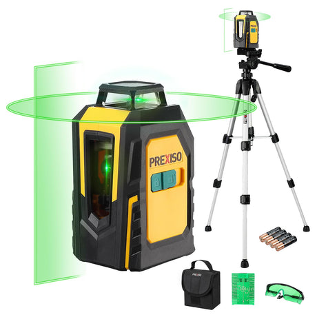 PREXISO 360° Laser Level with Tripod, 100Ft Self Leveling Cross Line Laser- Green Horizontal Line for Construction, Floor Tile, Renovation with Prexiso