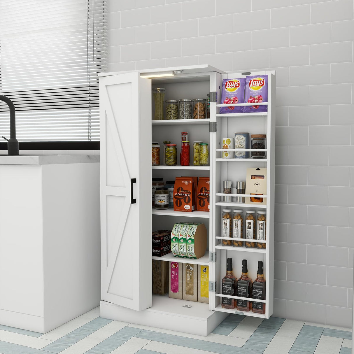 Locsear Kitchen Pantry Storage Cabinet w/LED, 50" Pantry Cabinets w/Doors and Shelves, Freestanding Pantry Cupboard for Kitchen, Dinning Room, Living Locsear