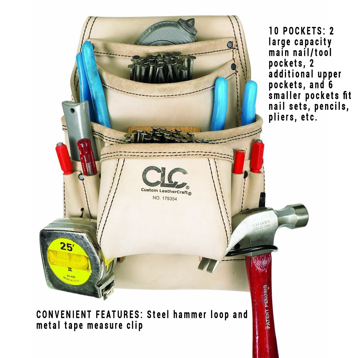 CLC Custom Leathercraft 179354 Carpenter's Nail and Tool Bag Reversed Top Grain, 10 Pocket - WoodArtSupply