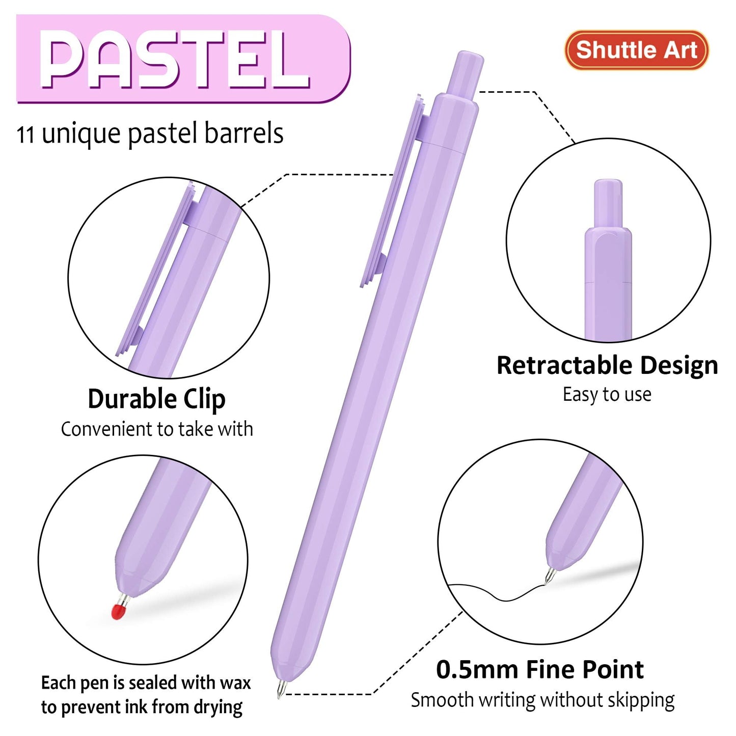 Shuttle Art Retractable Pastel Gel Ink Pens, 11 Pack Black Ink Pens, Cute Pens 0.5mm Fine Point for Writing Journaling Taking Notes School Office - WoodArtSupply