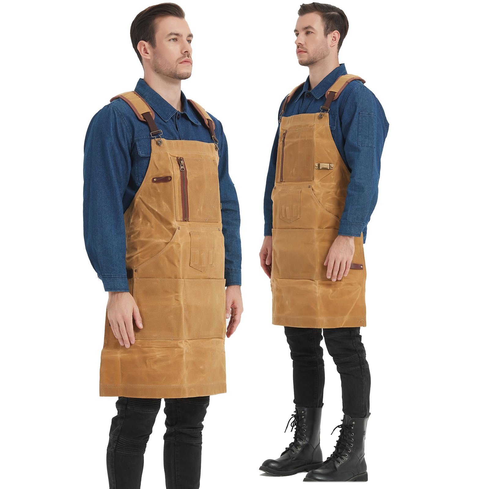 btfapron Heavy Duty Men's and women's work waxed canvas aprons with zipper pockets, protective gifts, suitable for woodworking machinery, barbecuing - WoodArtSupply