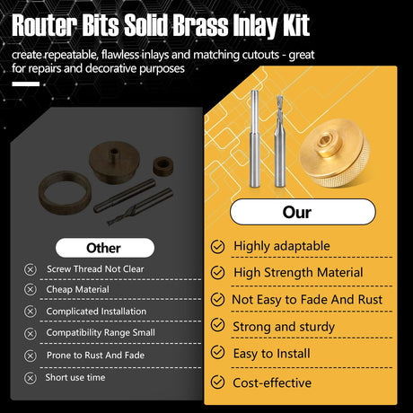 71333 Solid Brass Router Inlay Set for 1/4 Templates High RPM Routing, Includes 1/8" Carbide Spiral Bit + 1/4 Shank, Universal Quick Change Bushing, Ahuliao