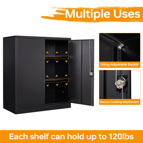 STANI Metal Storage Cabinet with 2 Adjustable Shelves, Steel Counter Cabinet with Lockable Doors for Home Office Warehouse Garage (Black, 36" H-Style STANI