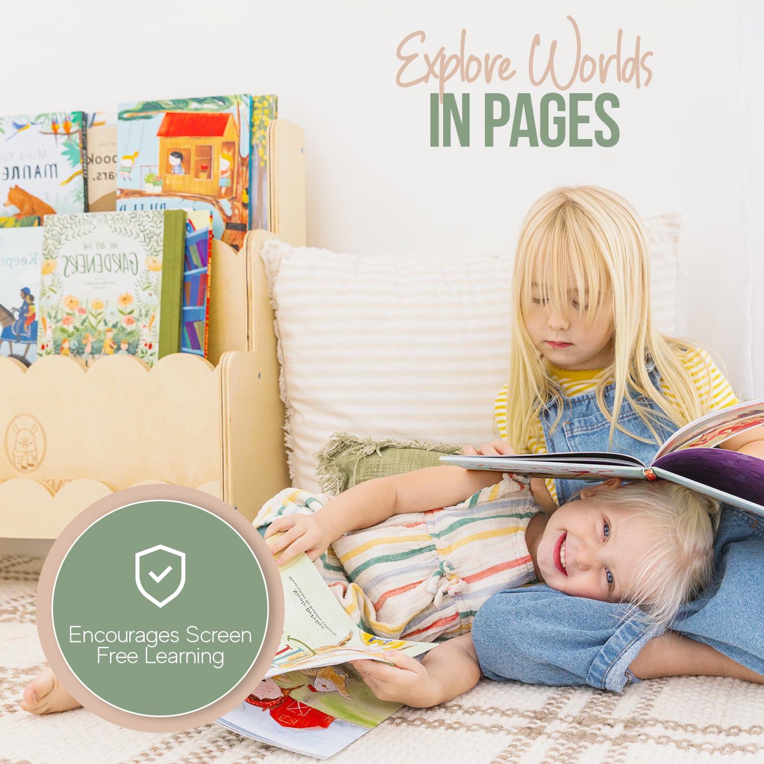 Fable Twig Scalloped Edge Wooden Kids Bookshelf - 3-Tier Montessori Book Organizer for Playroom and Nursery Fable Twig