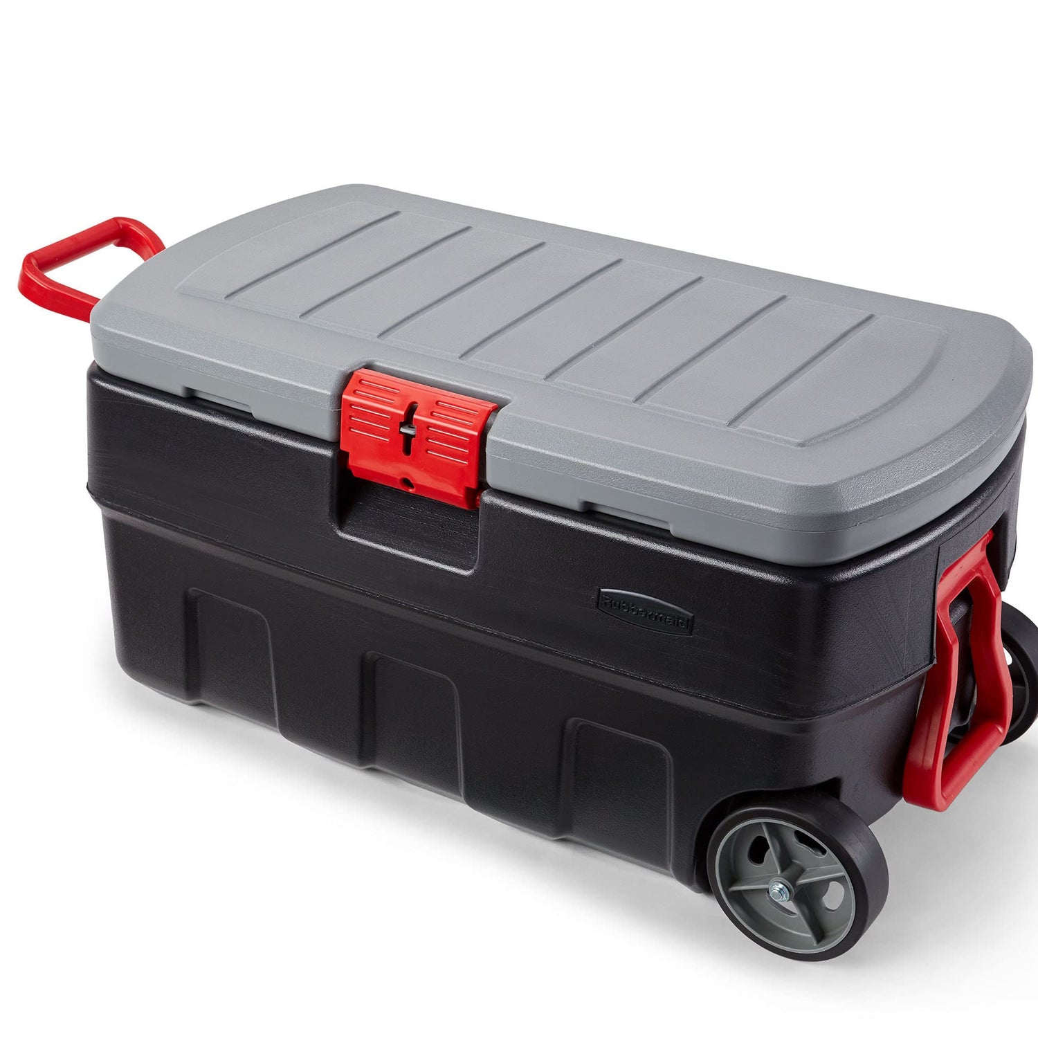 Rubbermaid ActionPacker 35 Gal Wheeled Lockable Storage Bin with Lid, Heavy-Duty Water Repellent Industrial Container with Built-In Durable Wheels, Rubbermaid