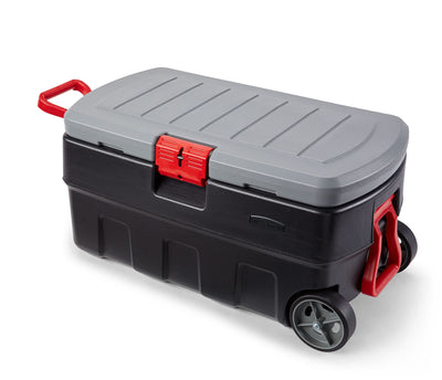 Rubbermaid ActionPacker 35 Gal Wheeled Lockable Storage Bin with Lid, Heavy-Duty Water Repellent Industrial Container with Built-In Durable Wheels,