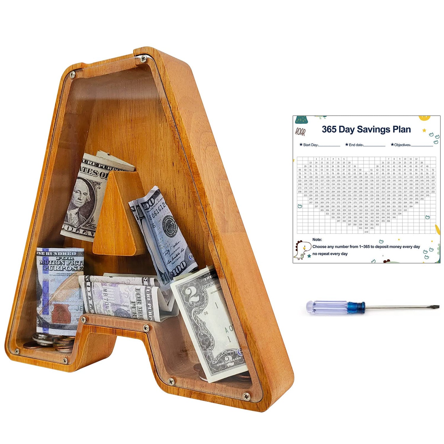 Custom Wooden Piggy Bank, (Laser Engraved Name) Large Wood Bank, 4-in-1 Creative Alphabet Storage Tank Personalized Letters Coin Bank Customized Wood Sulevalt