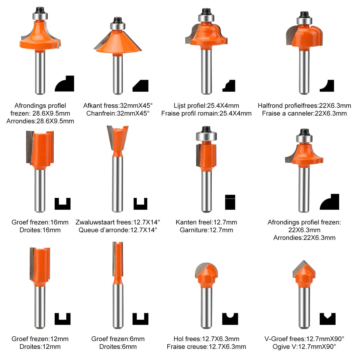 Yueqing Zhongji 1/4 Shank Router Bit Set Router bit Set 1/4 Shank 12 Piece Router bit Set Tungsten Carbide Router Bit Professional Level Router bits Yueqing Zhongji