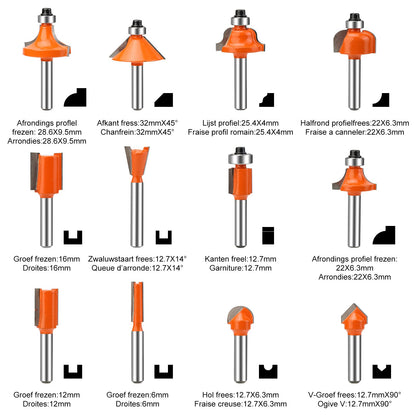 Yueqing Zhongji 1/4 Shank Router Bit Set Router bit Set 1/4 Shank 12 Piece Router bit Set Tungsten Carbide Router Bit Professional Level Router bits - WoodArtSupply