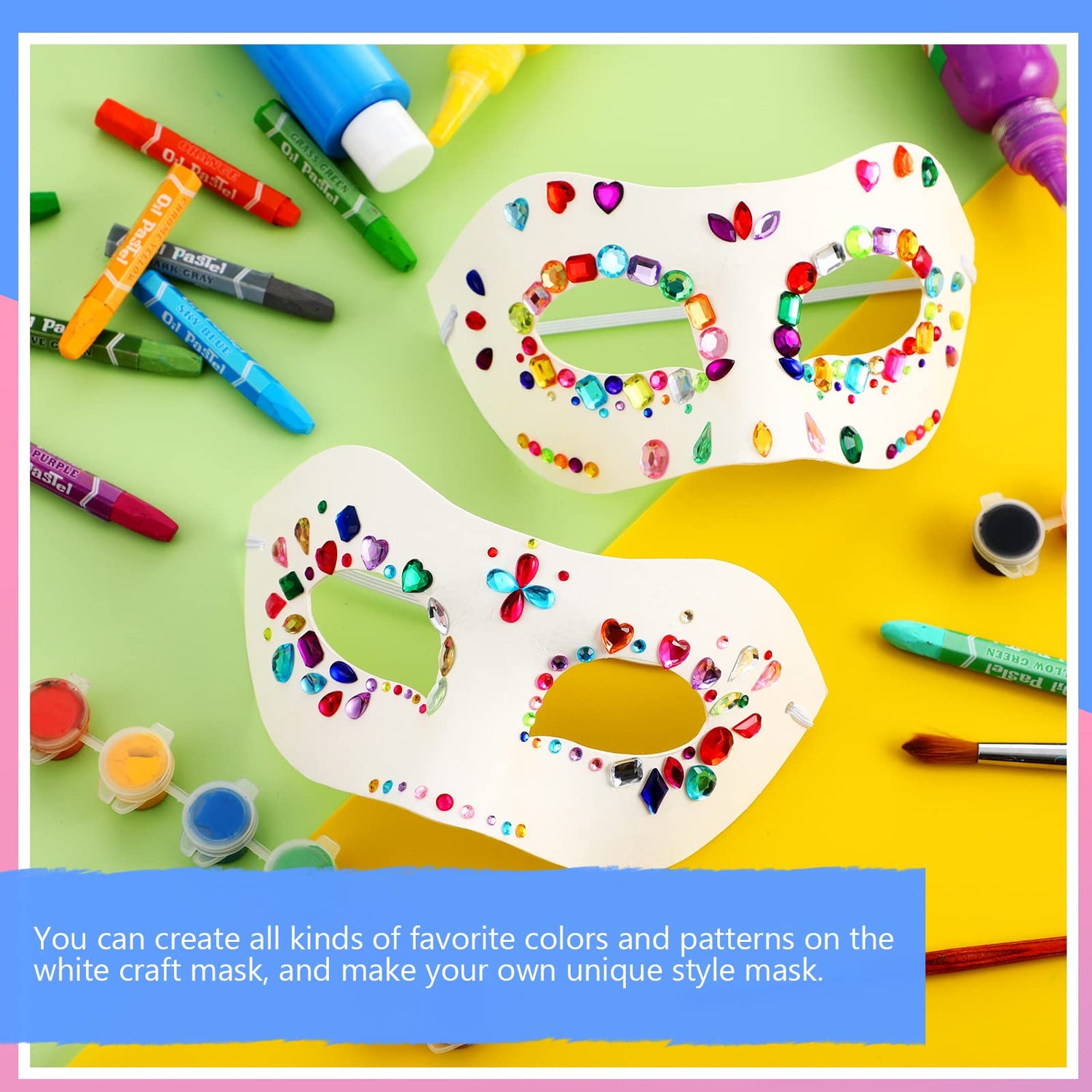 Leyndo 24 Pack Paper Mache Art Masks and 1154 Pcs Gem Stickers Self Adhesive Jewels Stickers Half Face White Craft Masks DIY Blank Masks Set for Leyndo