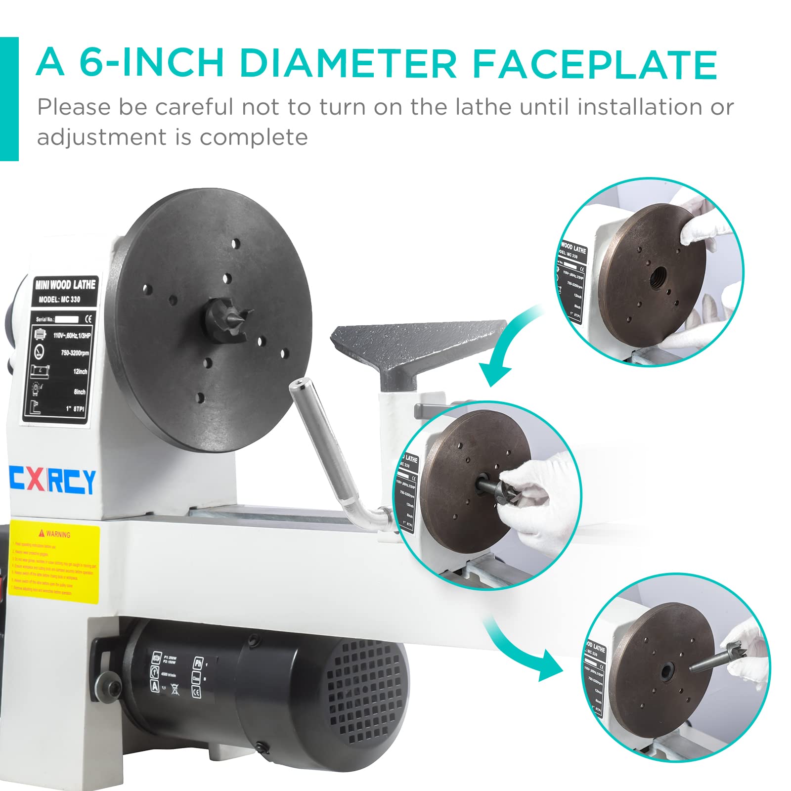 CXRCY 8" x 12" Wood Lathe, Mini Benchtop Wood Lathe Machine1/3 HP Infinitely Variable Speed 750-3200 RPM with 3 Chisels for Woodworking, Woodturning - WoodArtSupply