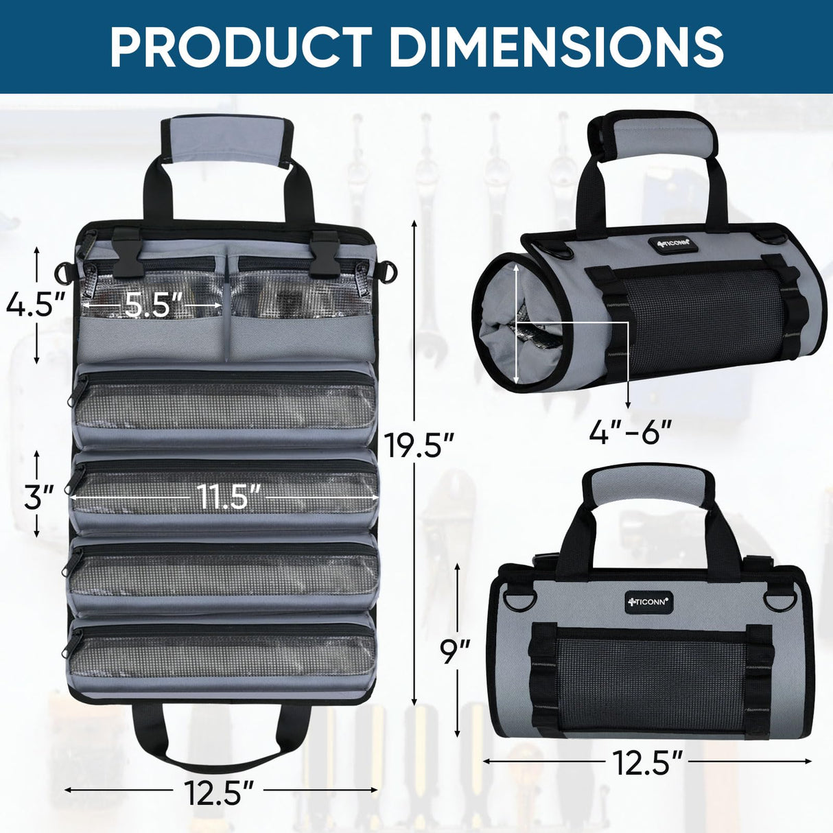 TICONN Tool Roll Bag, Heavy Duty Roll Up Tool Bag Organizer, Portable Visible Tool Storage Bag with 2 Detachable Tool Pouch (Green) TICONN