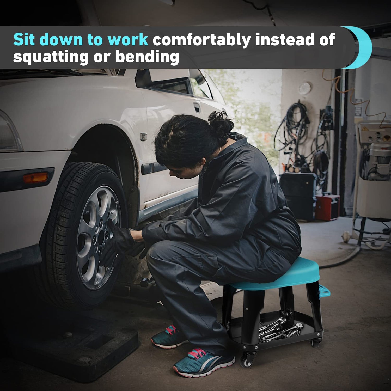 DURATECH Rolling Mechanic Stool, Shop Stools with 2 Inch Swivel Wheels, Heavy Duty Garage Creeper Seat with Tool Tray, 300 Lbs Loading Capacity(Tools DURATECH