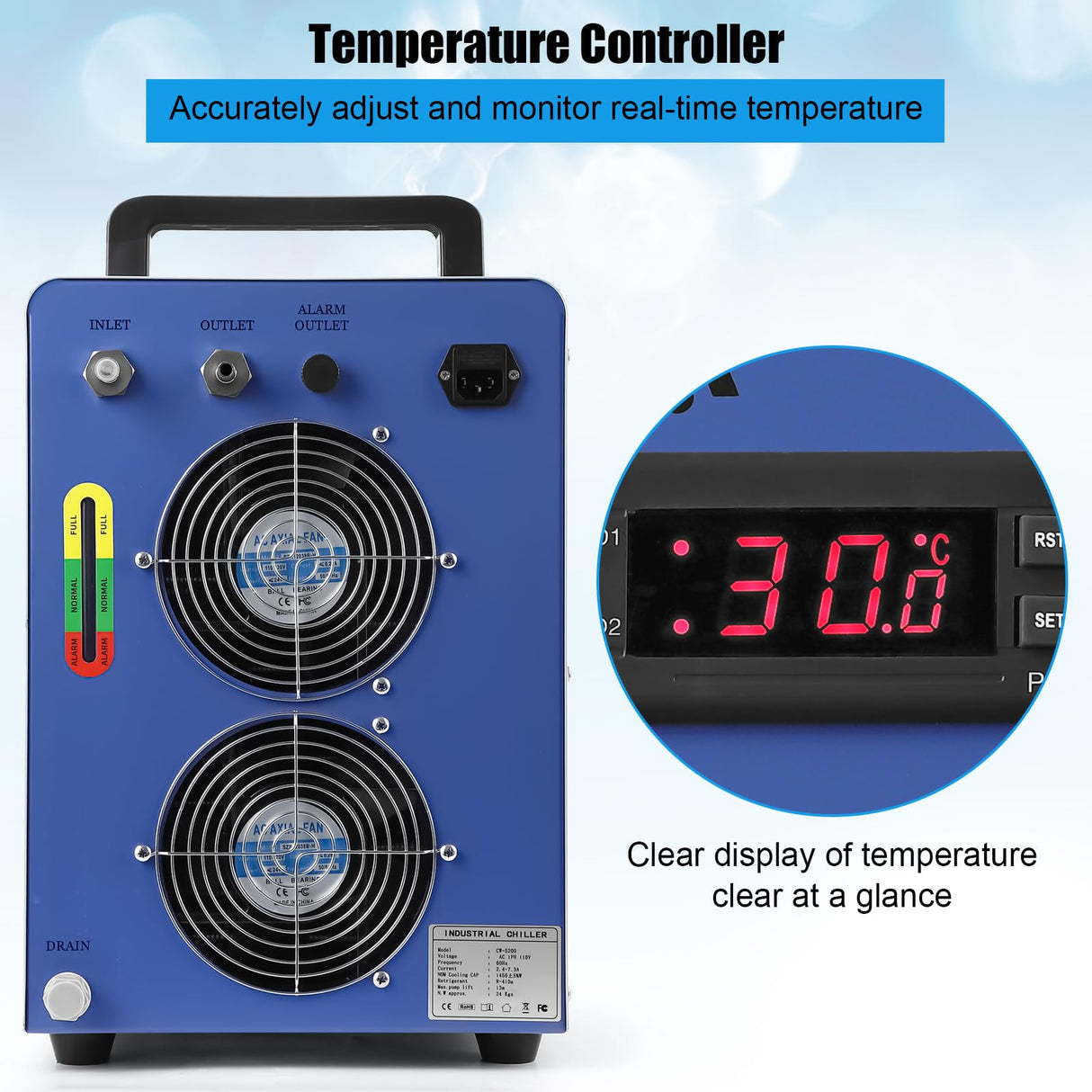 Towallmark Industrial Water Chiller CW5200, 6L Capacity 0.9hp 2.6gpm Water Cooling System for 60W 70W 80W 90W 100W 120W 130W 150W CO2 Laser Engraving Towallmark