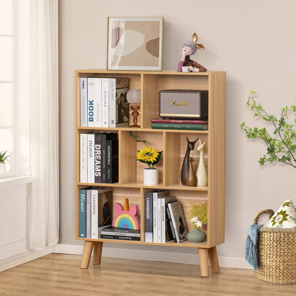 Natural 3-Tier LEYAOYAO Wooden 7 Cube Book Shelf - Modern Boho Display Organizer LEYAOYAO