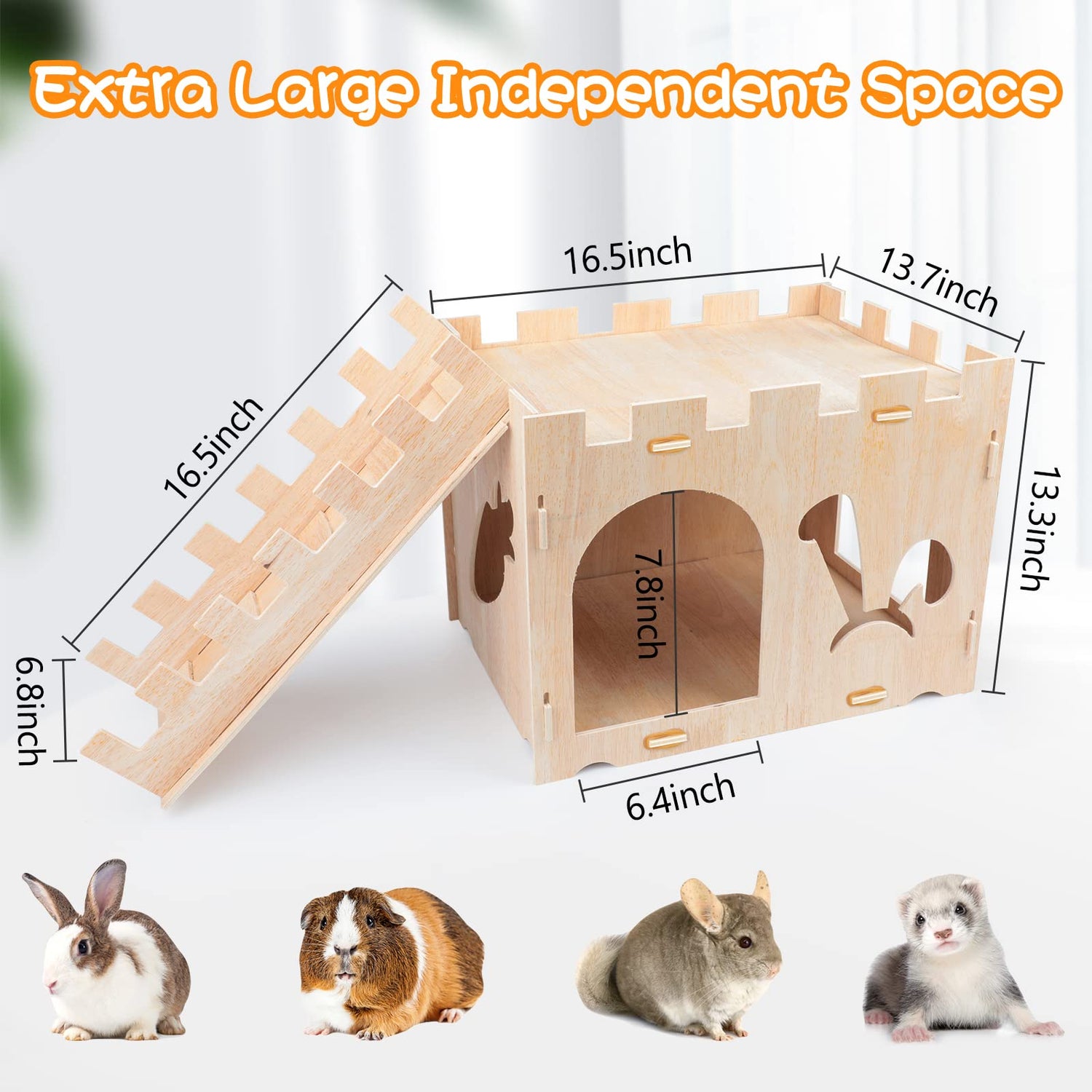BWOGUE Extra Large Wooden Rabbit Castle Bunny House and Hideouts Detachable Small Animal Play Hideaway Hut for Indoor Adult Rabbit Guinea Pig BWOGUE