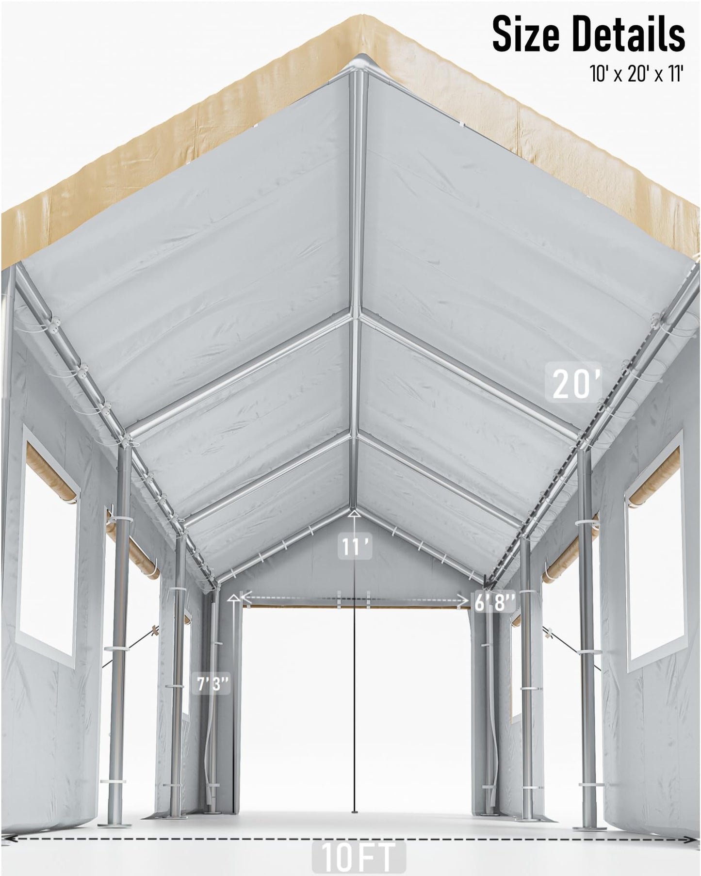 DEXSO Carport 10'x20' Heavy Duty Canopy, 1.0 mm Steel Poles & 14 mil PE Tarp, with Front & Rear Doors, 2 Side Doors, and 4 Windows Screen, Portable - WoodArtSupply