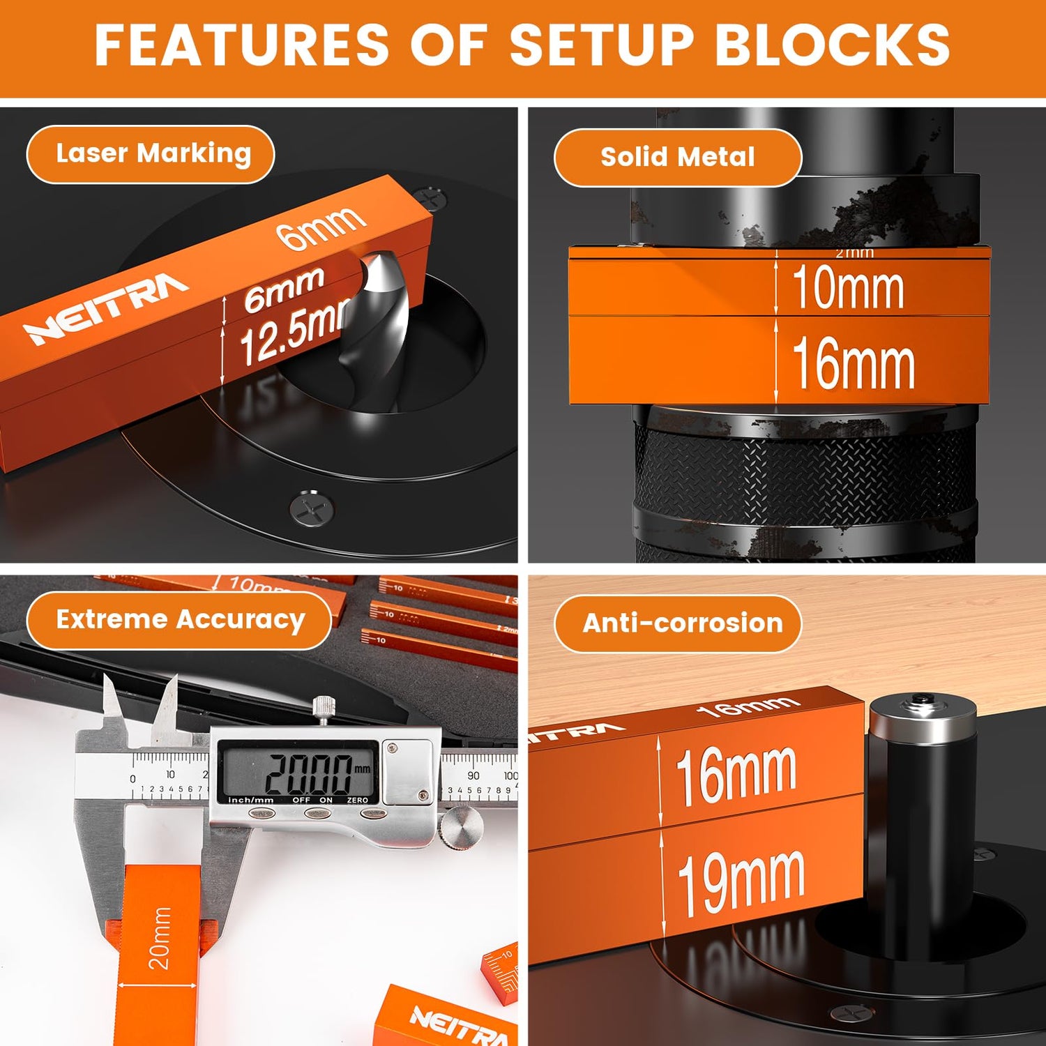 Neitra Metric Setup Blocks - 15 PCS Aluminum Height Precision Measuring Blocks Set for Table Saw, Router and Jig Saw with Storage Case, Orange Neitra