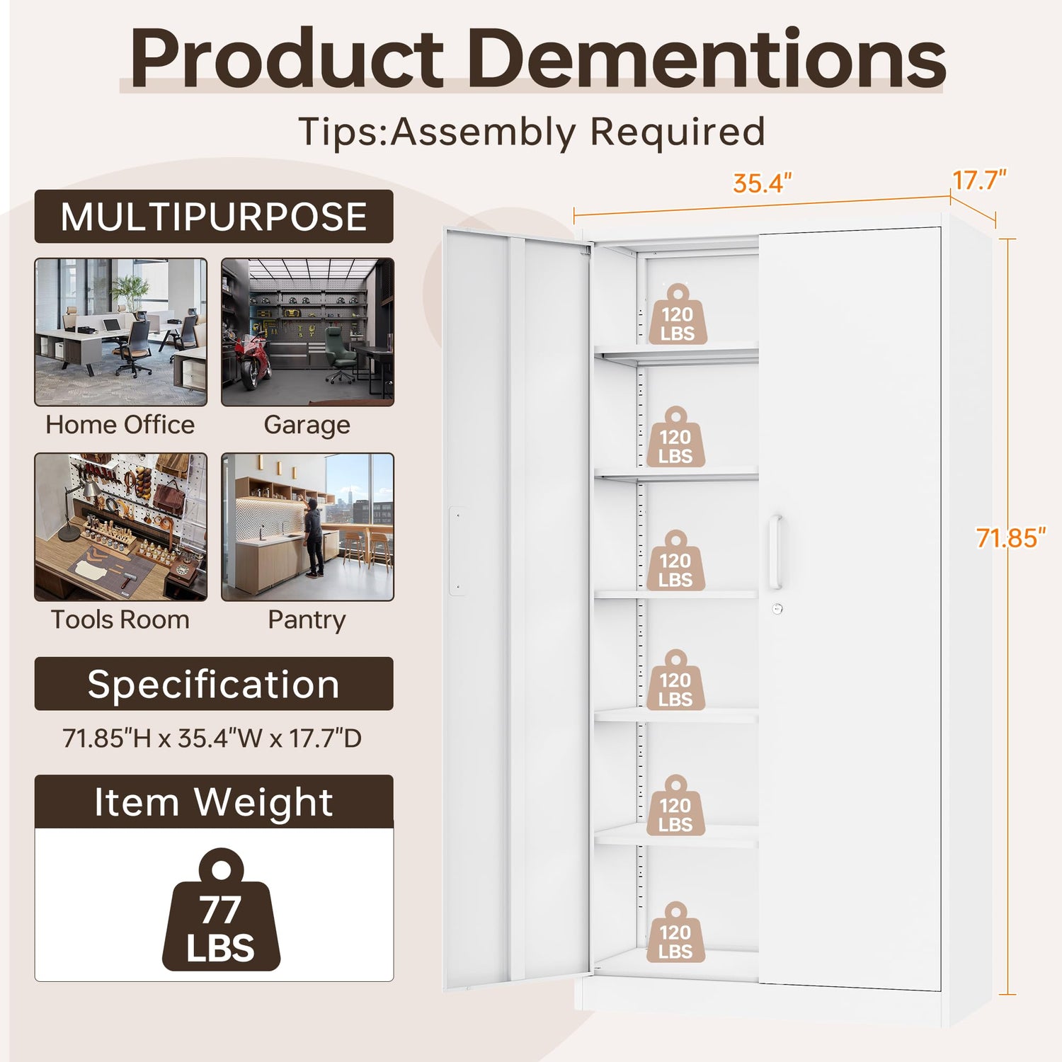 AFAIF Metal Garage Cabinets, 72" Tall Locking Storage Cabinets with 2 Doors and 5 Adjustable Shelves, Steel Utility Tool Cabinet, White Lockable AFAIF