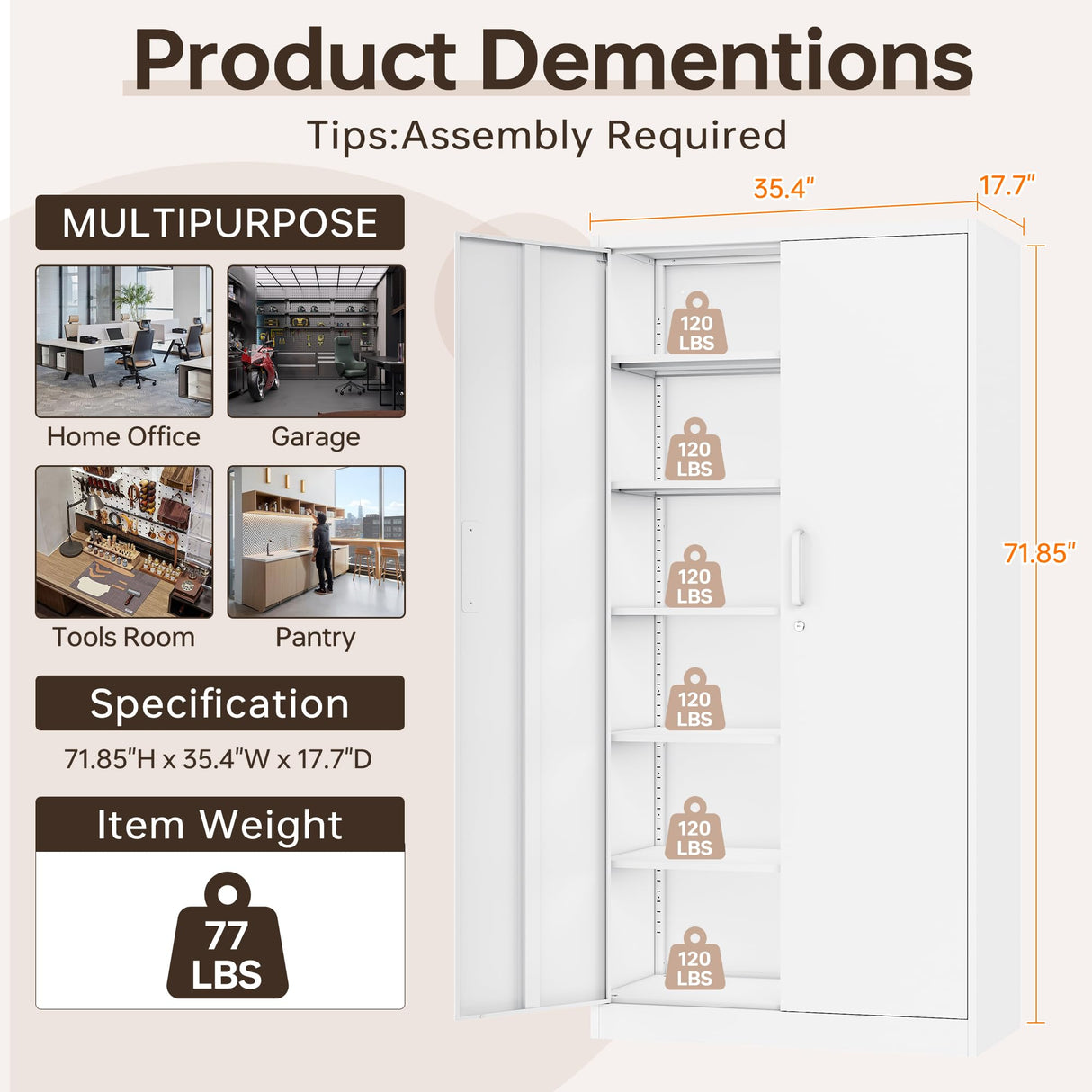 AFAIF Metal Garage Cabinets, 72" Tall Locking Storage Cabinets with 2 Doors and 5 Adjustable Shelves, Steel Utility Tool Cabinet, White Lockable AFAIF