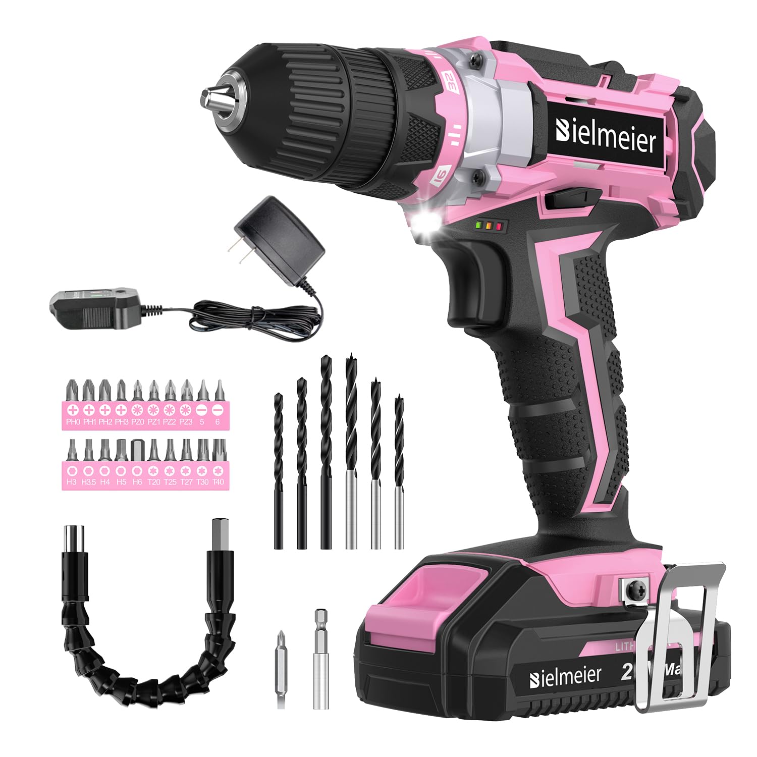 Bielmeier 20V Pink Cordless Drill Set with Lithium-Ion,Charger,3/8 inches Keyless Chuck.Drill Pink with Variable Speed,LED Work Light,29pcs Drill - WoodArtSupply