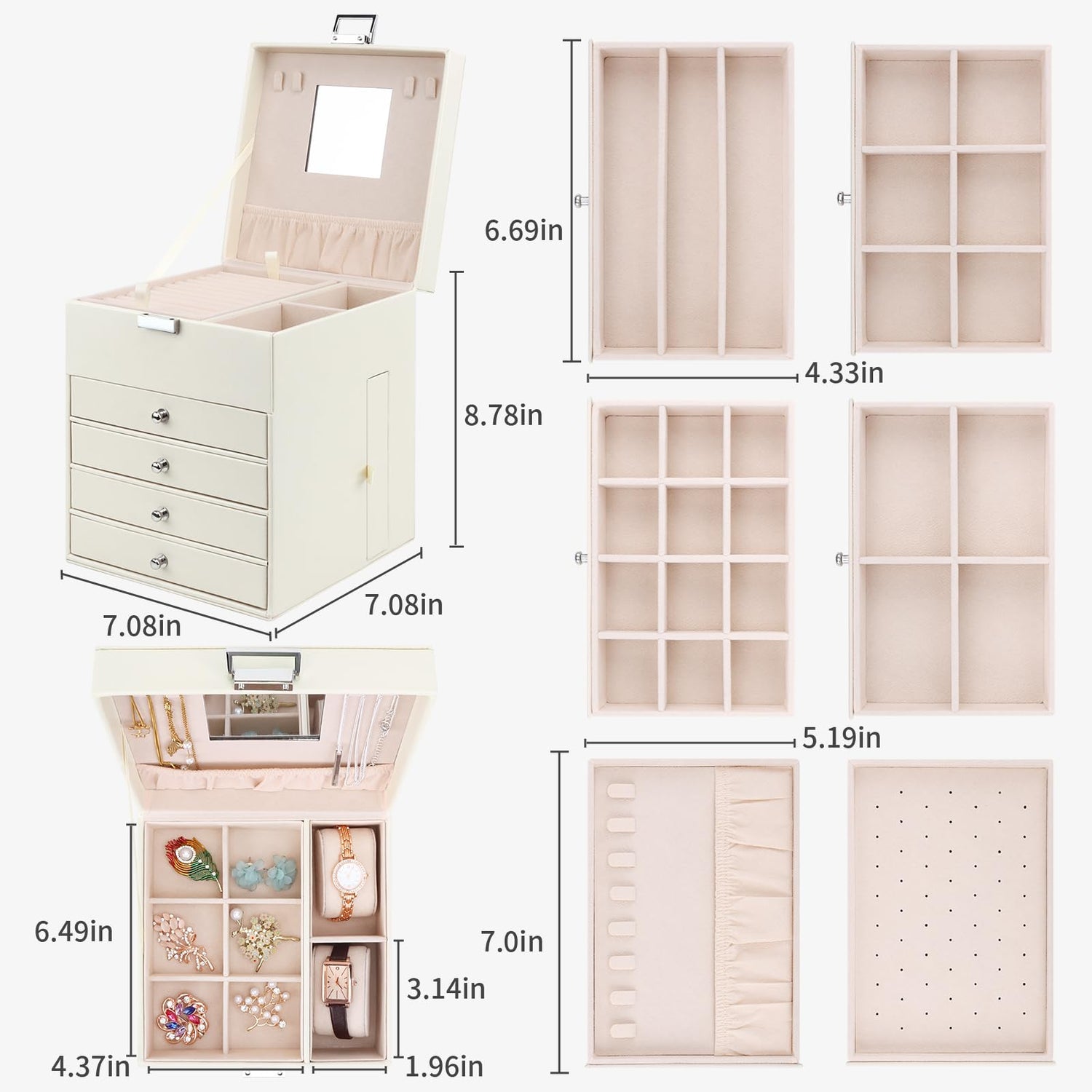 DesignSter Jewelry Organizer Box, 5 Layers Jewelry Box with side compartment, Large Leather Jewelry Storage Case With Mirror For Necklaces Earrings DesignSter