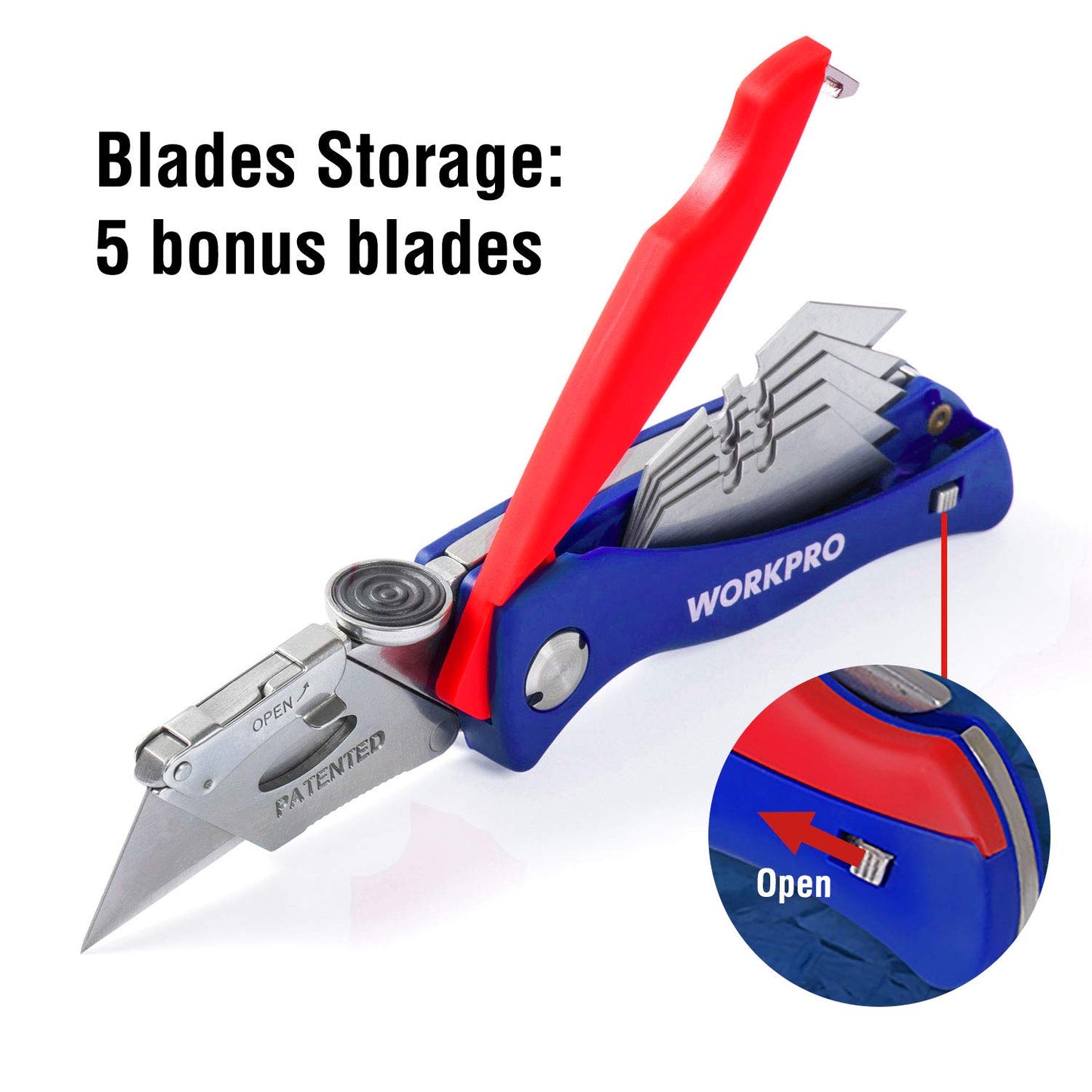 WORKPRO Folding Utility Knife, Quick-Change Box Cutter, Blade Storage in Handle with 5 Extra Blades Included - WoodArtSupply