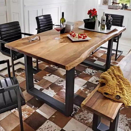HM&DX Industrial Solid Wood Dining Table,Rectangle Kitchen Table Farmhouse Live Edge Dining Table,Wooden Table Top & Metal Base,Long Dining Room HM&DX