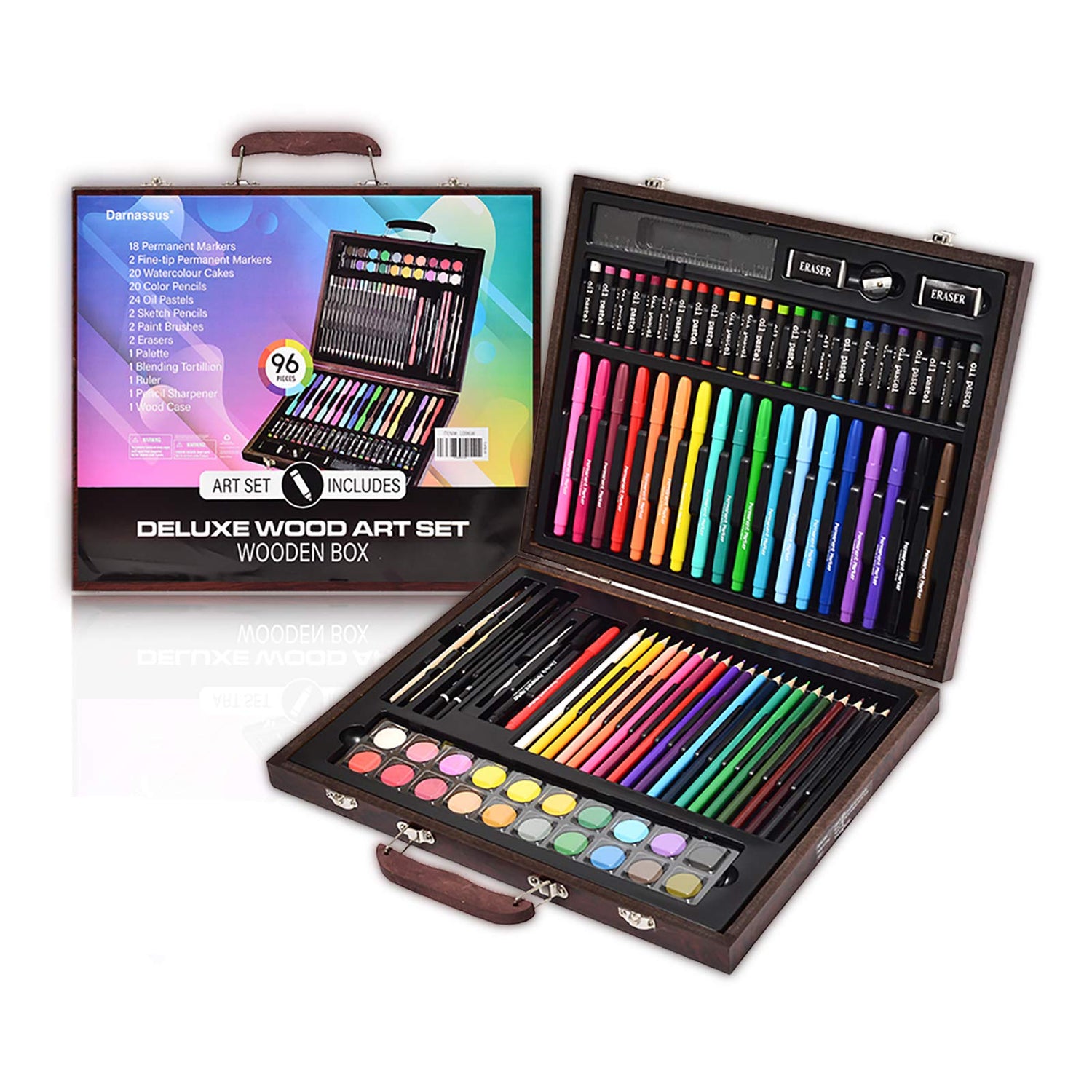 Darnassus Wood Art Set, Art Box & Drawing Kit Color Set, Art Supply Gift For 4-12 Age, Art Kit with Compact Portable Wooden Case, Kid Drawing Set w/ Darnassus