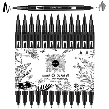 GPLMQ Black Drawing Pens, 12 Pack Felt Tip Markers for Adults and Kids, Dual Brush Fineliners Pens for Art Drawing Sketching Calligraphy GPLMQ