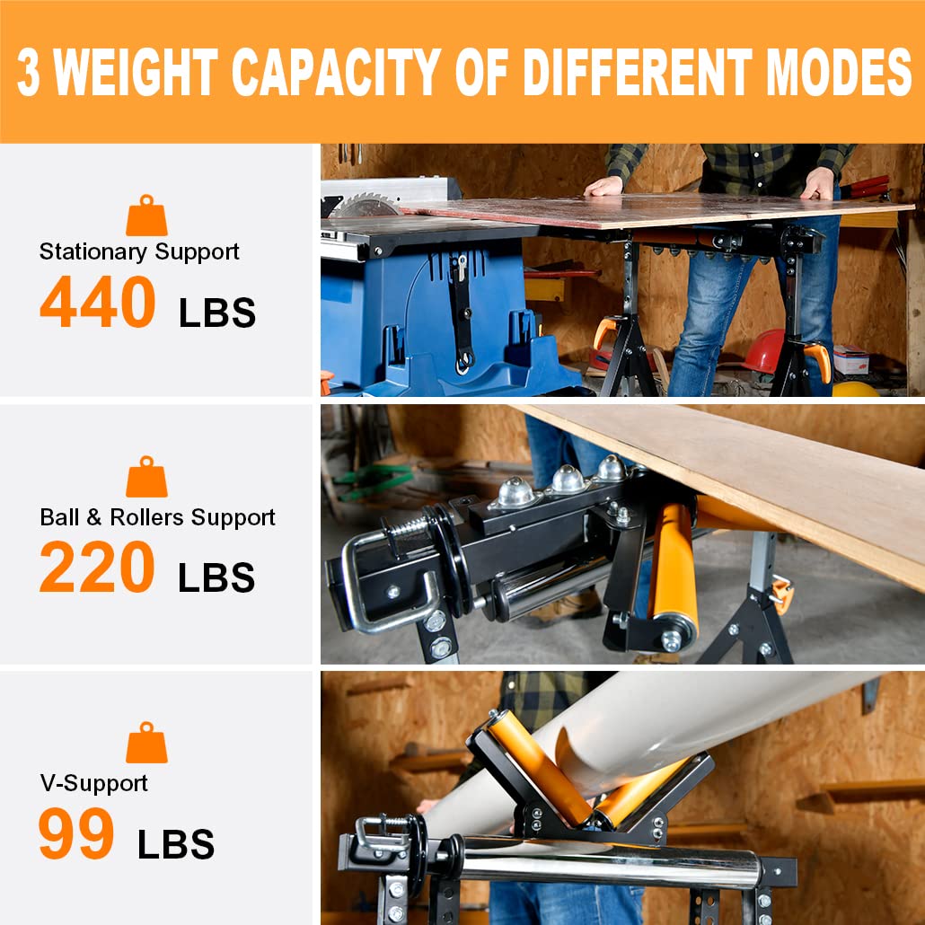 WORKESS 4 in 1 Roller Stand, Stable 440 Lbs Load Capacity with Saw Horses, V-Shaped, Multi-Directional Rollers & Outfeed Roller, Adjustable Height