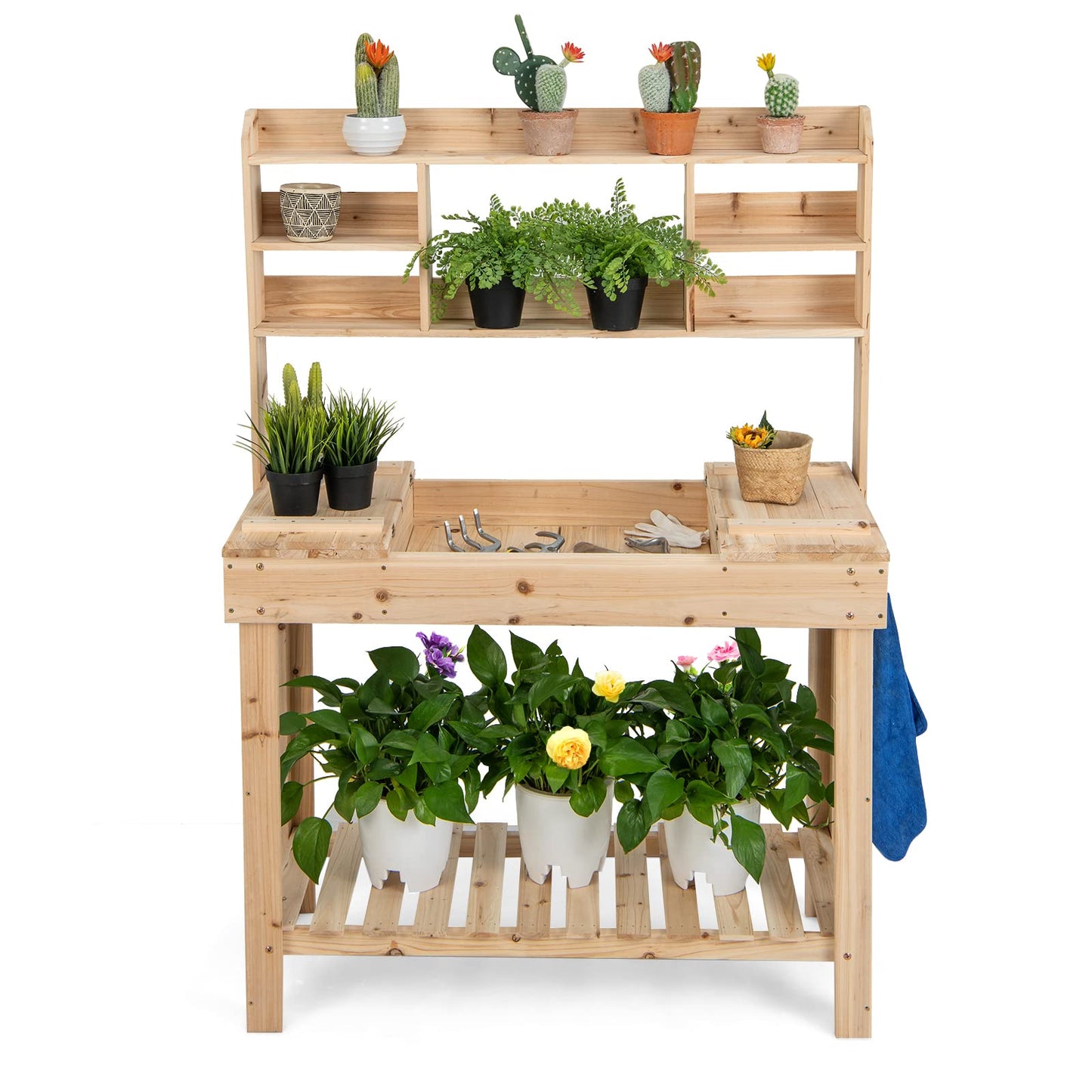 HAPPYGRILL Potting Bench Table, 60.5” Wood Workstation Workbench Table with Flip-Up Tabletop, Shelves & Hanging Hooks, Outdoor Flowerpot Bench,