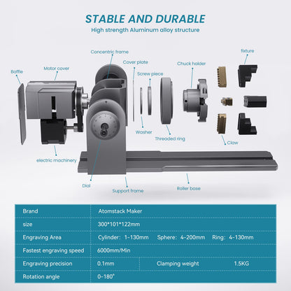 ATOMSTACK R1 Laser Roller - 3 in 1 Laser Rotary with Risers, Multi-Function Engraving Module for Laser Engraver, Jaw Chuck Rotary for Engraving - WoodArtSupply