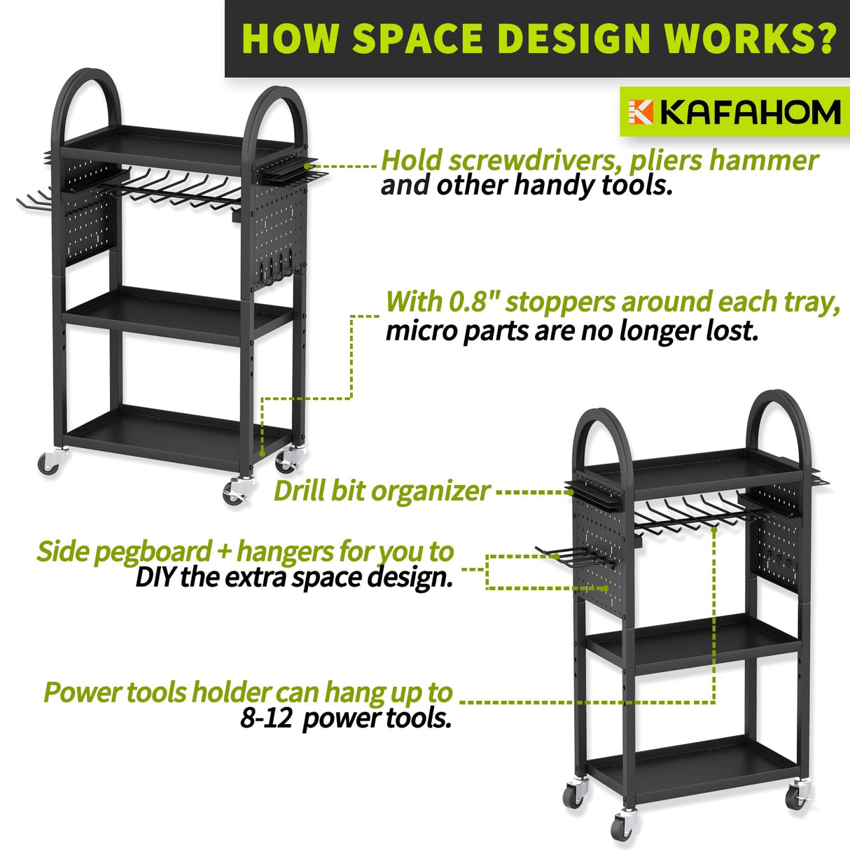 KAFAHOM Power Tool Organizer - 4 Tier Rolling Tool Cart with 8-12 Drill Holder,Tool Storage Cart on Wheels - Heavy Duty Metal Utility Tool Shelf for KAFAHOM