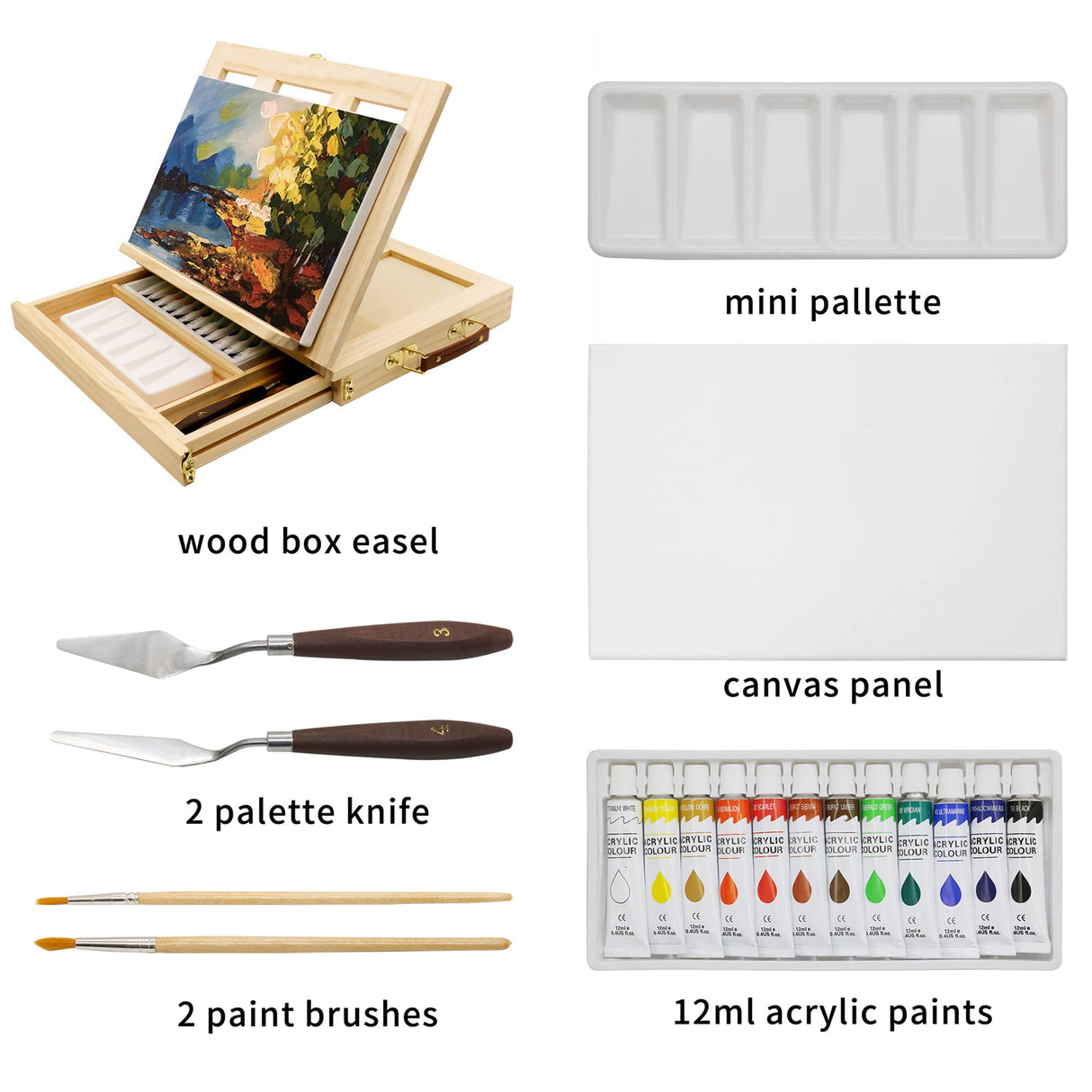 LUCYCAZ Tabletop Easel Set, Easel for Painting Canvases, Portable Wooden Art Easel Painting Kits for Adults Artist Kids, 12 Colors Acrylic Paints, 2 LUCYCAZ