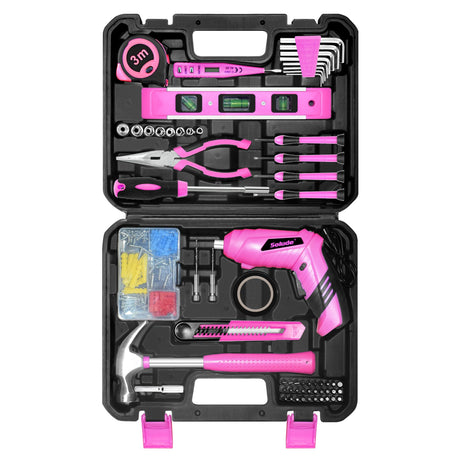 SOLUDE Pink Tool Set,130 Piece Women's Tool Kit for Home with 3.6V Cordless Rechargeable Screwdriver,Household Basic Toolkits for New SOLUDE
