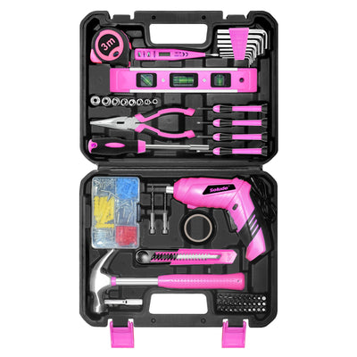 SOLUDE Pink Tool Set,130 Piece Women's Tool Kit for Home with 3.6V Cordless Rechargeable Screwdriver,Household Basic Toolkits for New