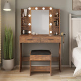 Vanity Desk with Lights,Makeup Vanity with Power Strip,Dressing Table Set with 2 Large Drawers,Vanity Mirror 3 Lighting Color Adjustable,Rustic Brown Vabches