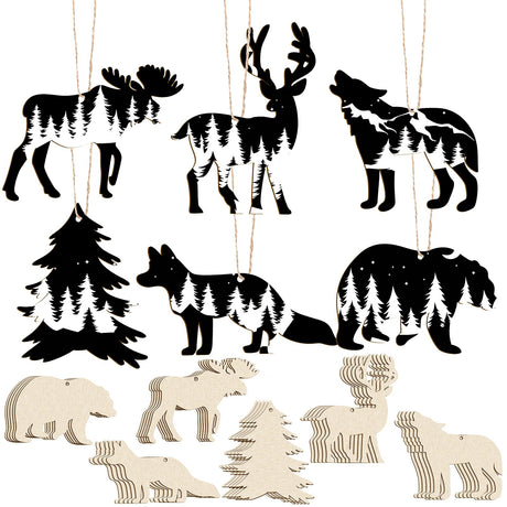 Wooden Ornaments Wild Forest Animal Ornaments Unfinished Hanging Ornaments Wood Deer Cutouts Animal Party Wall Decor Craft Wood Slices with Rope for Blulu