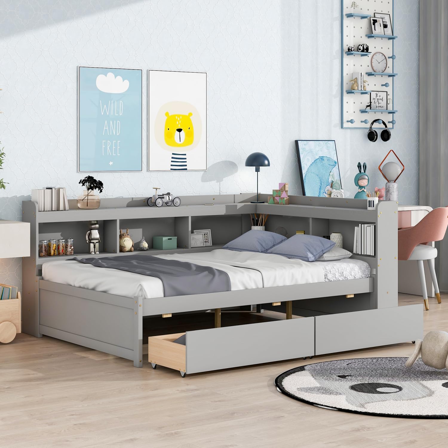 DNChuan Modern Gray Full Size Bed with L-Shaped Storage and Bookcase Headboard - WoodArtSupply