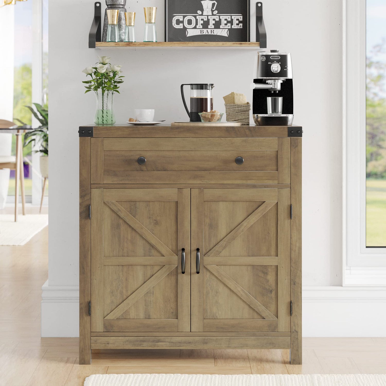 HOSTACK Coffee Bar Cabinet, Modern Farmhouse Buffet Sideboard with Drawer and Adjustable Shelf, Barn Door Storage Cabinet for Kitchen, Dining Room, HOSTACK