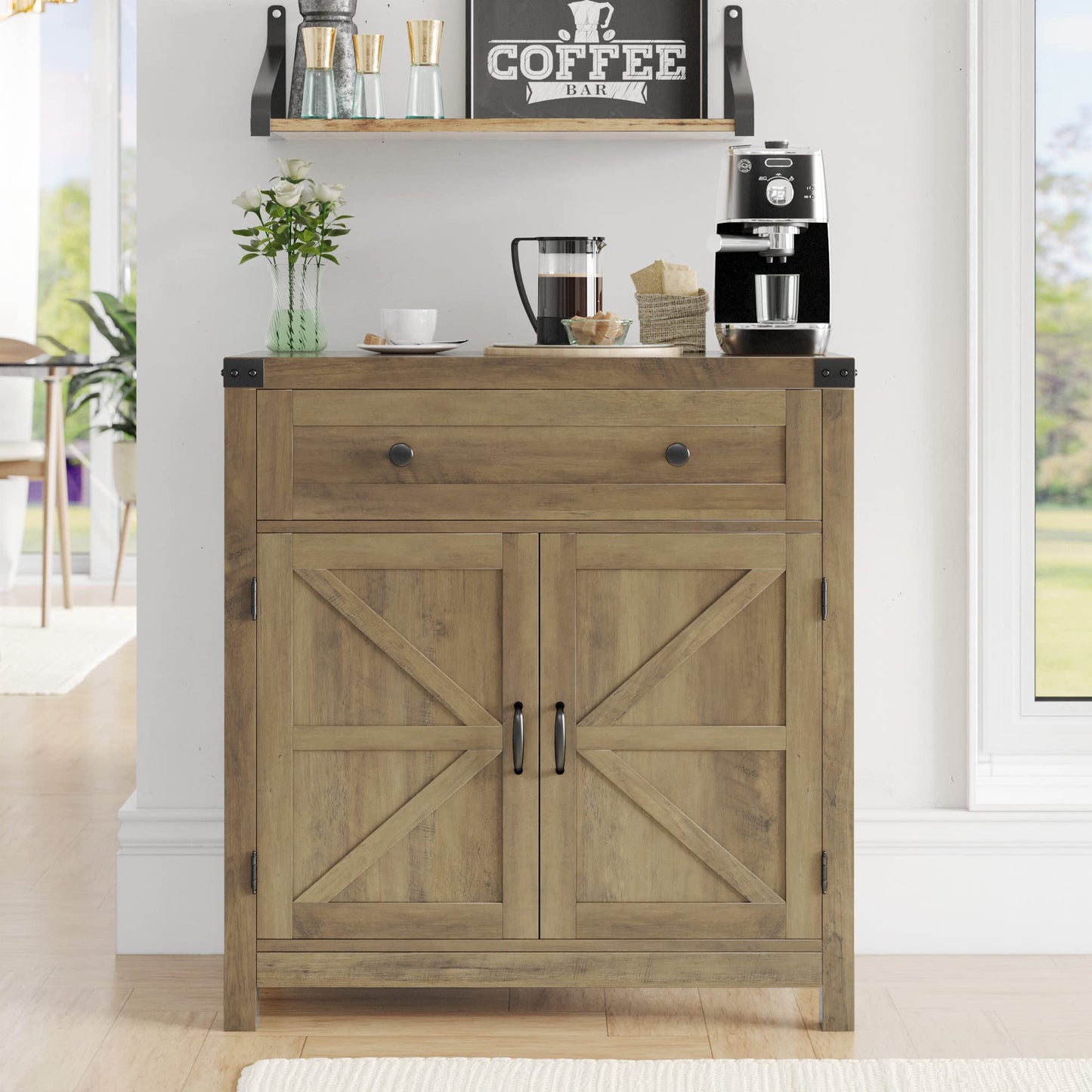 HOSTACK Coffee Bar Cabinet, Modern Farmhouse Buffet Sideboard with Drawer and Adjustable Shelf, Barn Door Storage Cabinet for Kitchen, Dining Room,