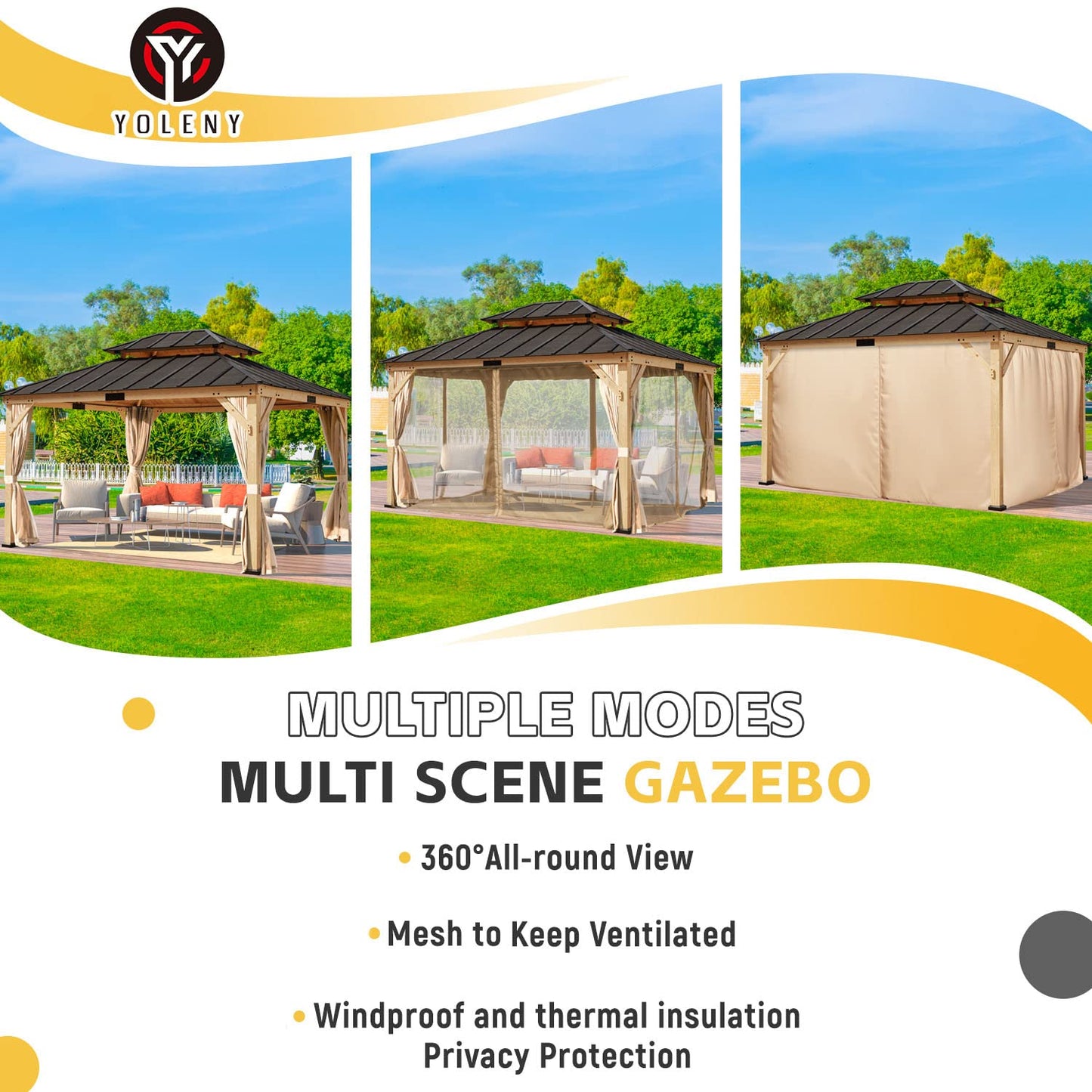 YOLENY 11' x 13' Solid Spruce Wood Gazebo, Hardtop Gazebo with Coated Wood Frame, Waterproof Asphalt Double Roof, Nettings and Curtains for Lawns, - WoodArtSupply