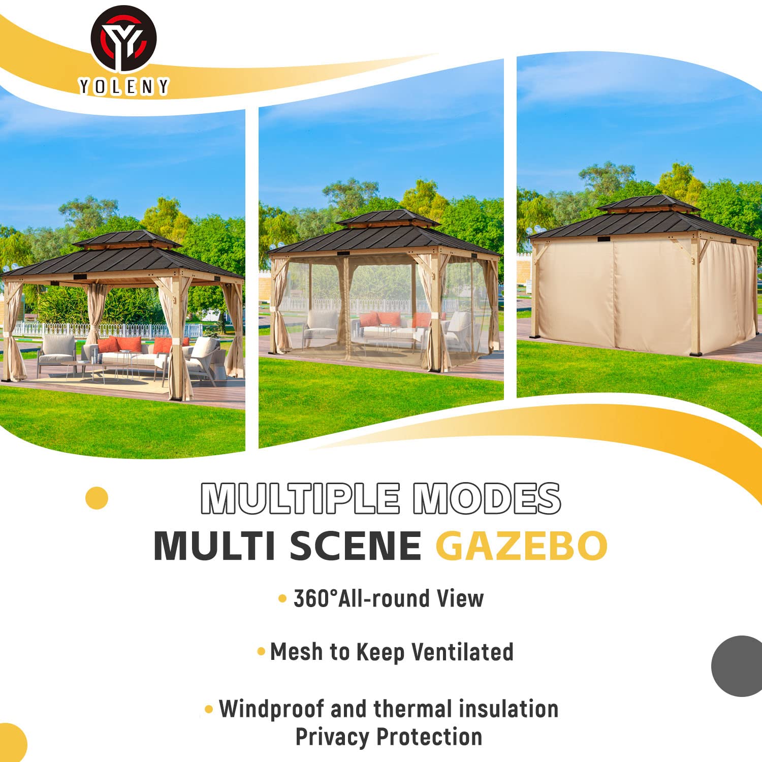 YOLENY 11' x 13' Solid Spruce Wood Gazebo, Hardtop Gazebo with Coated Wood Frame, Waterproof Asphalt Double Roof, Nettings and Curtains for Lawns, - WoodArtSupply