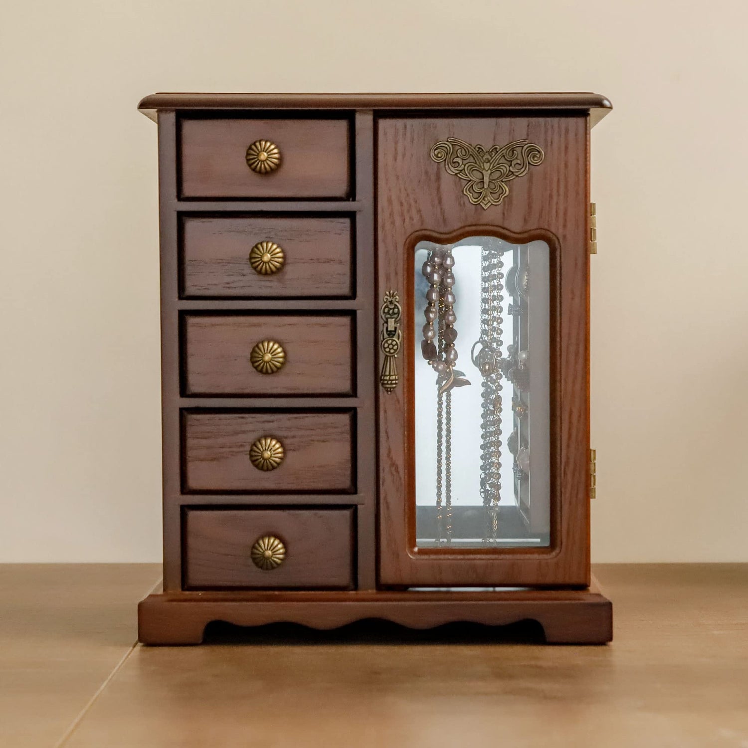 Kendal Wooden Jewelry Box for Women, Solid Jewelry Organizer With 5 Drawer, Jewelry Holder Organizer, Wood Jewelry Case with Butterfly Pattern & Kendal