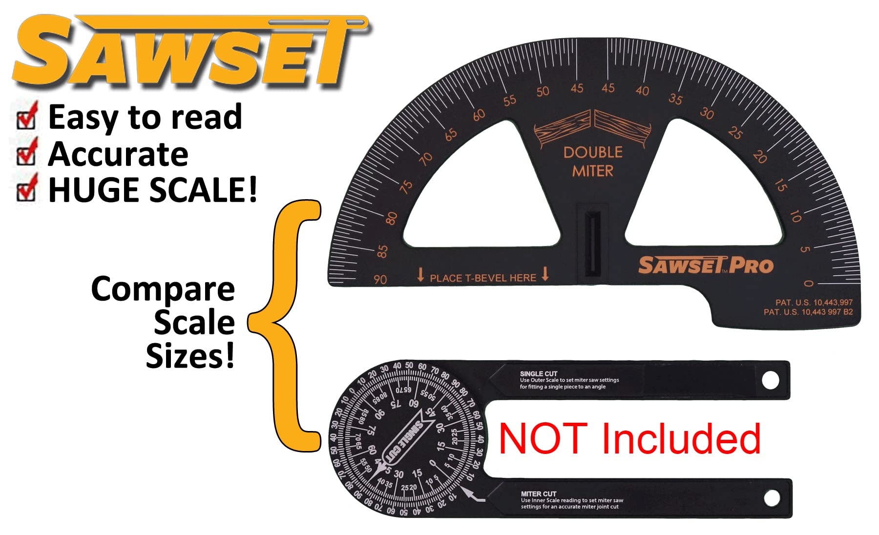 Sawset Miter Saw Protractor SAWSET PRO. Patented No Math Scales. Large Scales are The Key to Accuracy. In Size Matters! In ABS Plastic. - WoodArtSupply