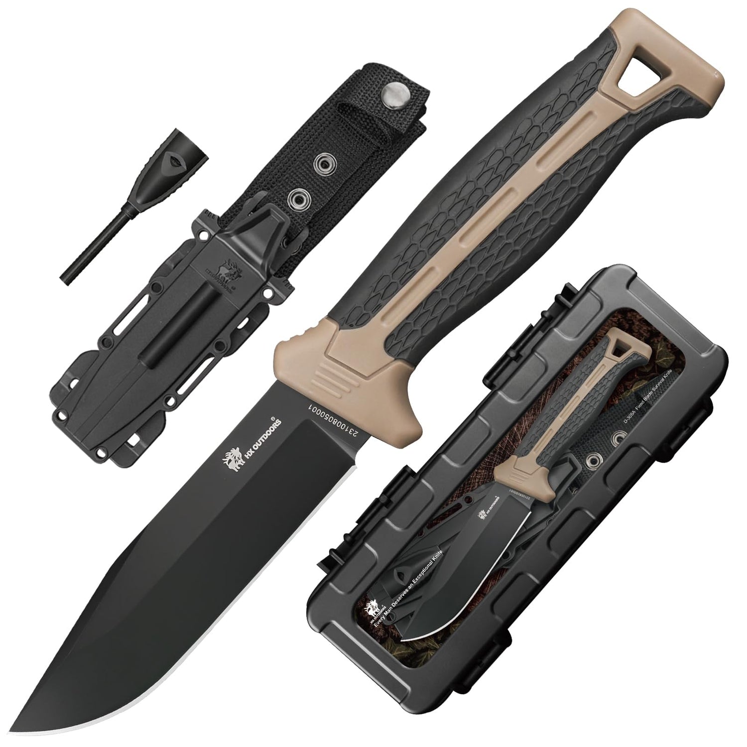 HX OUTDOORS Extra Sharp Bushcraft Knife with Fire Starter, Premium D2 Steel Fixed Blade Survival Camping Knife with Plastic Sheath for Outdoor, HX HX OUTDOORS